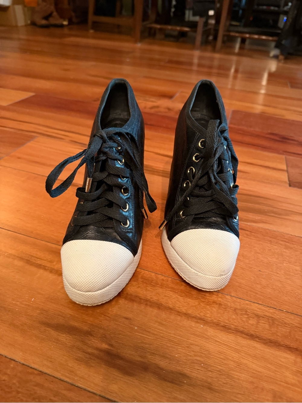 L.A.M.B. Black Wedge Sneakers with White Toe Cap